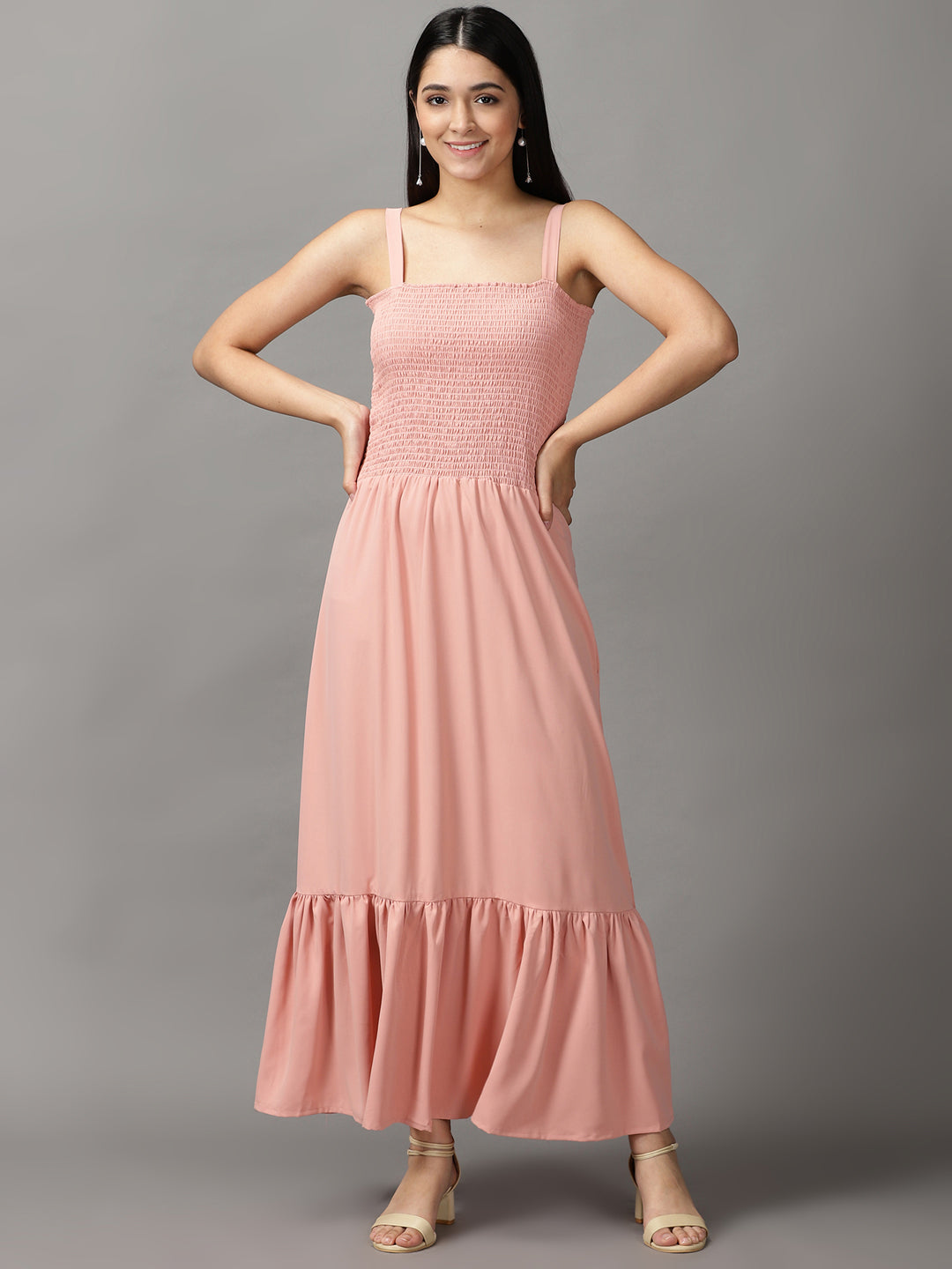 Women's Peach Crepe Fit & Flare Midi Dress