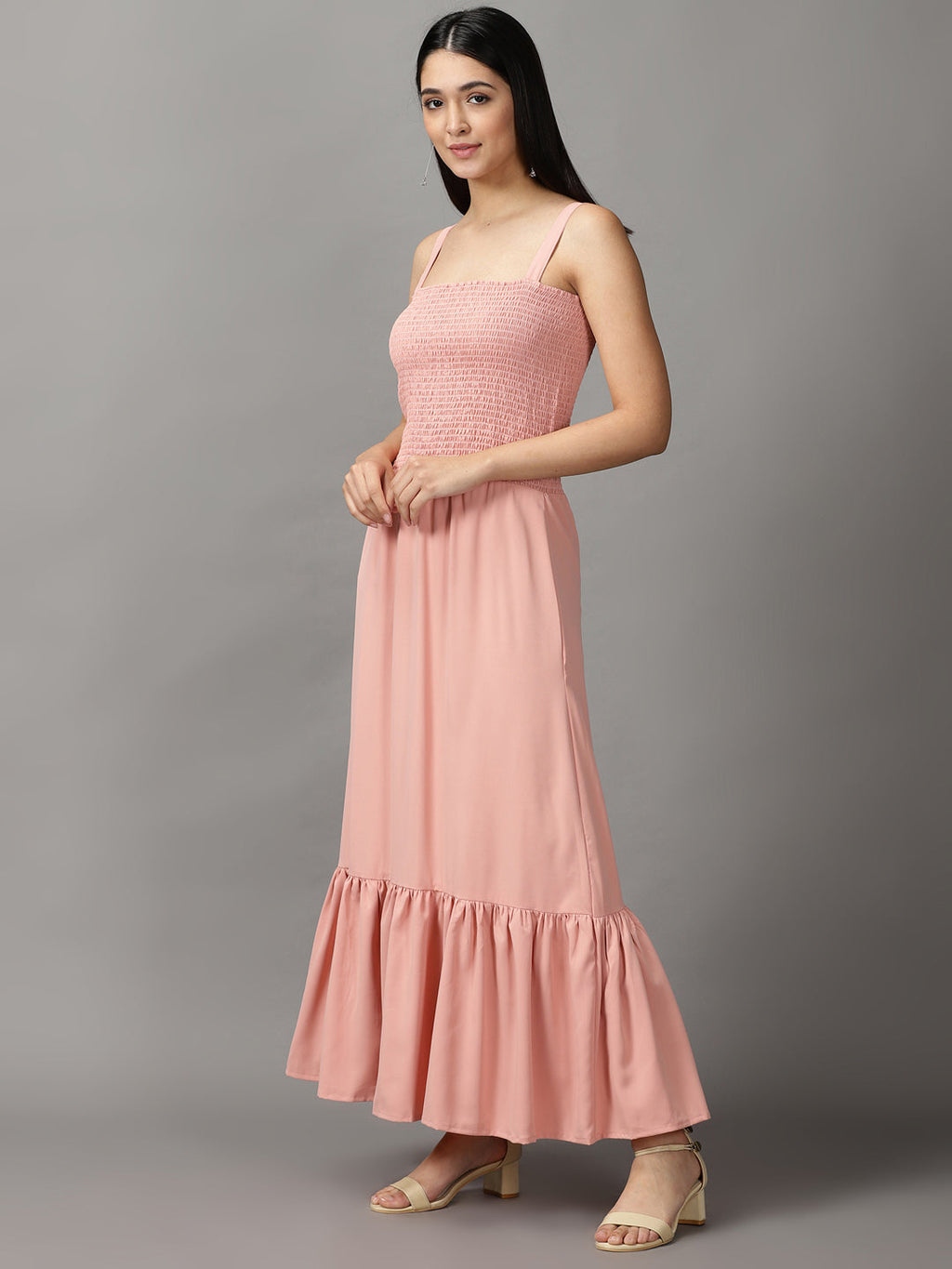 Women's Peach Crepe Fit & Flare Midi Dress