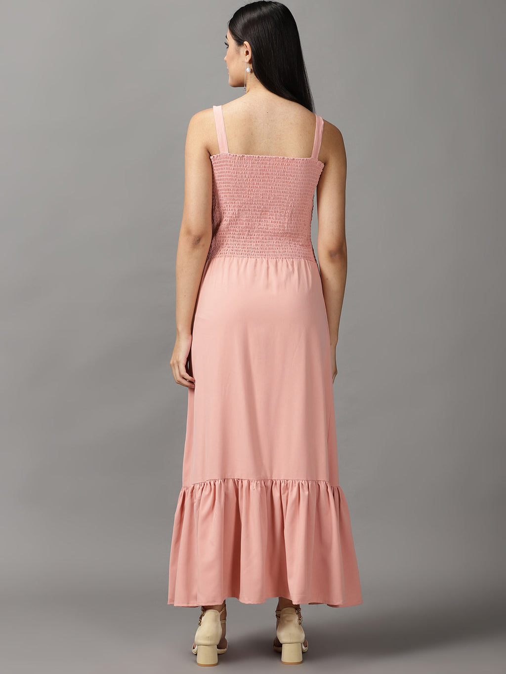 Women's Peach Crepe Fit & Flare Midi Dress