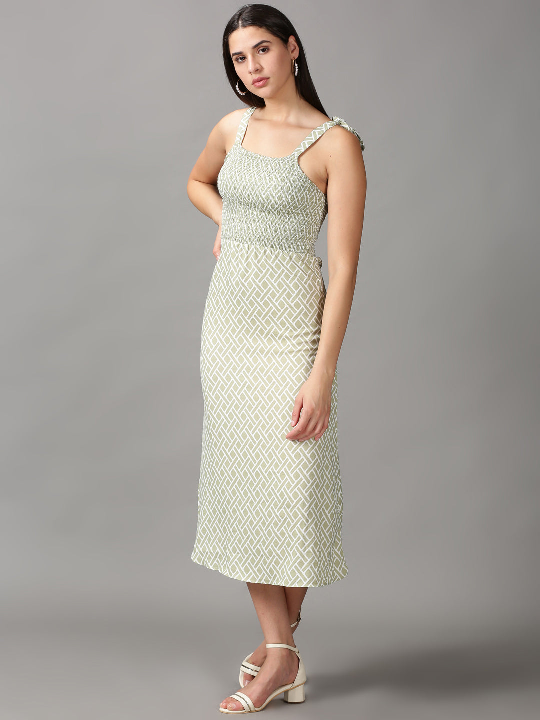 Women's Green Geometric Crepe Fit & Flare Dress