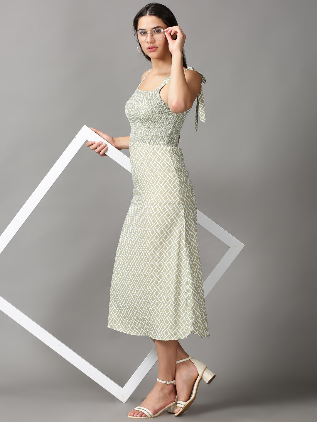 Women's Green Geometric Crepe Fit & Flare Dress