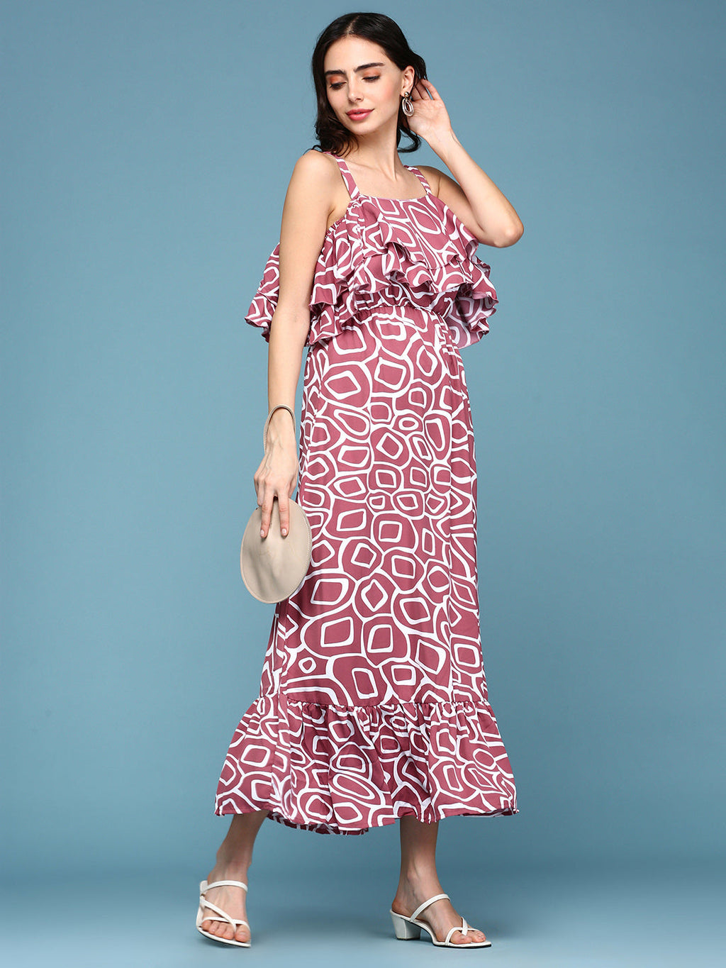 Women's Pink Printed Crepe Maxi Dress