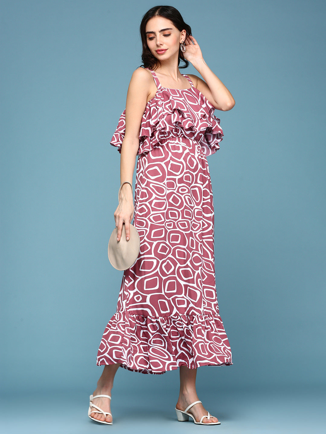 Women's Pink Printed Crepe Maxi Dress