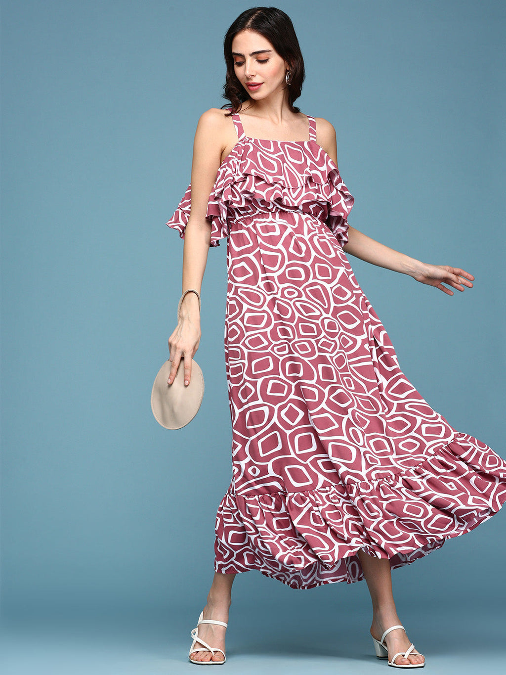 Women's Pink Printed Crepe Maxi Dress