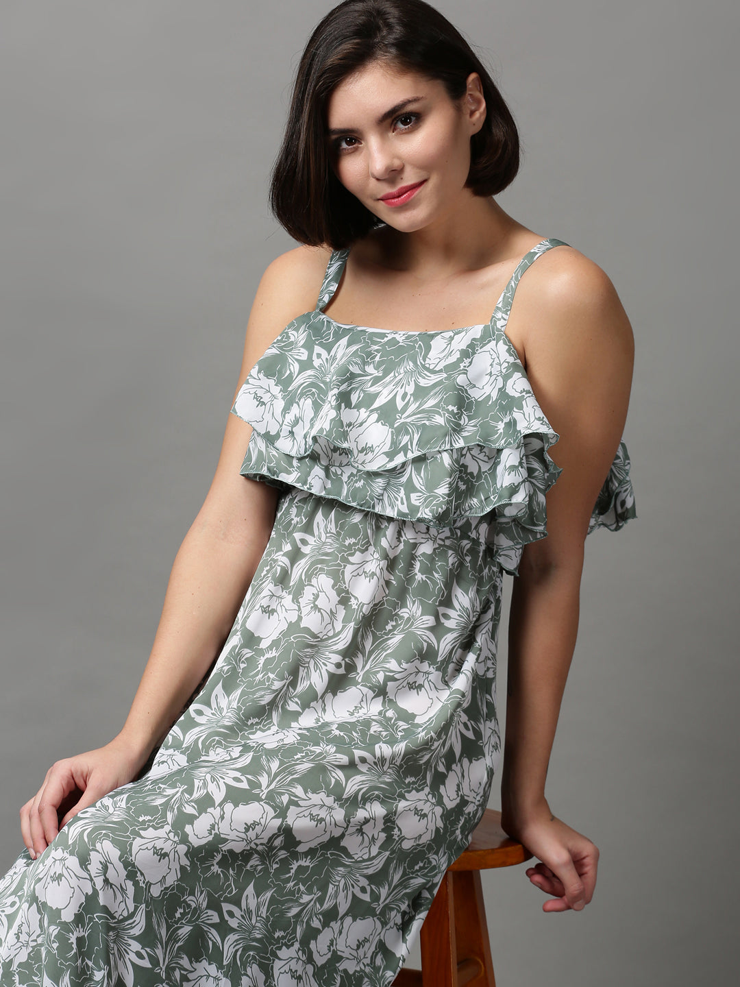 Women's Green Floral Shoulder Strap Crepe A-Line Midi Dress