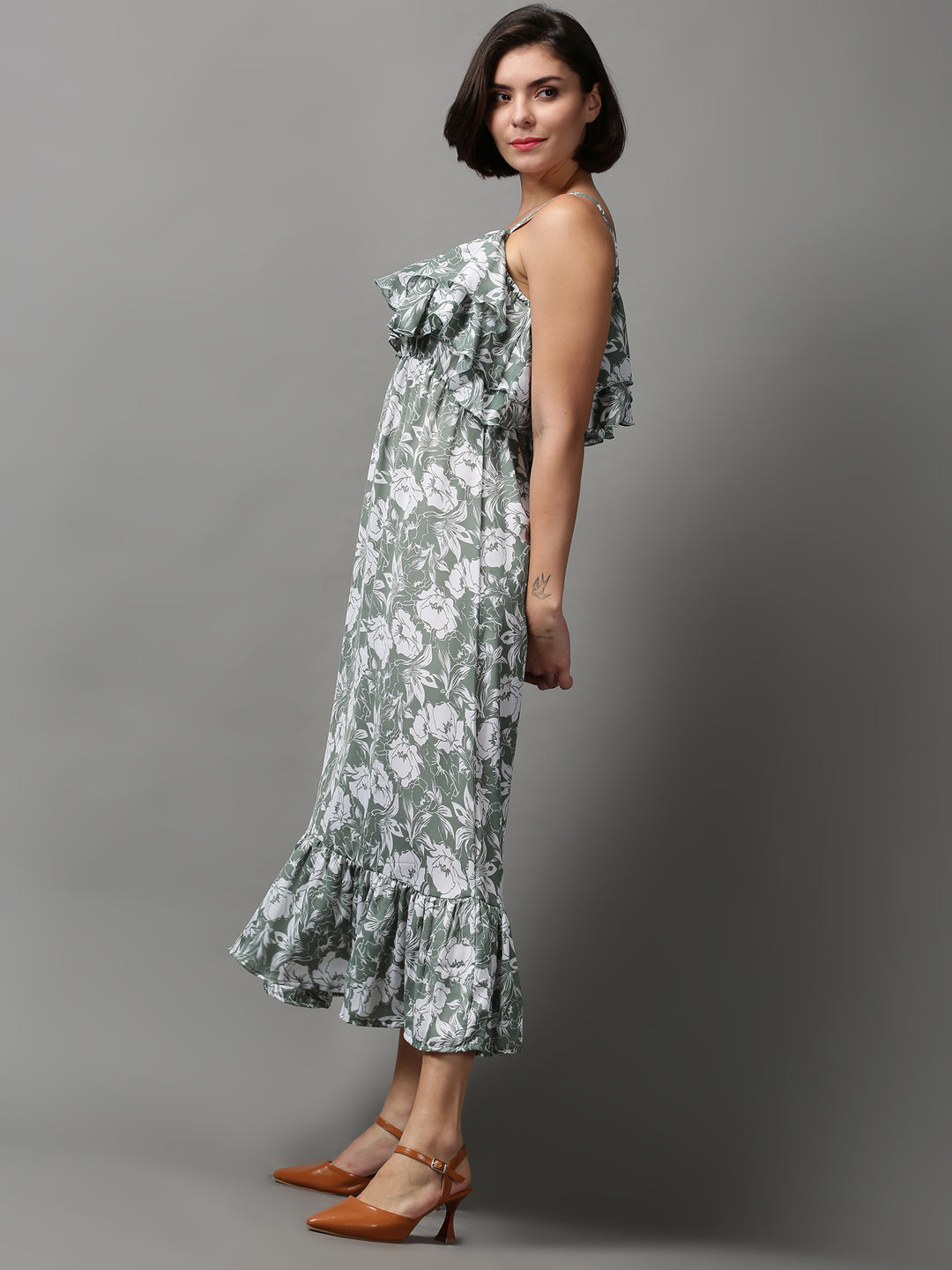 Women's Green Floral Shoulder Strap Crepe A-Line Midi Dress