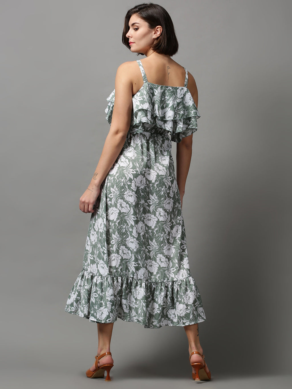 Women's Green Floral Shoulder Strap Crepe A-Line Midi Dress
