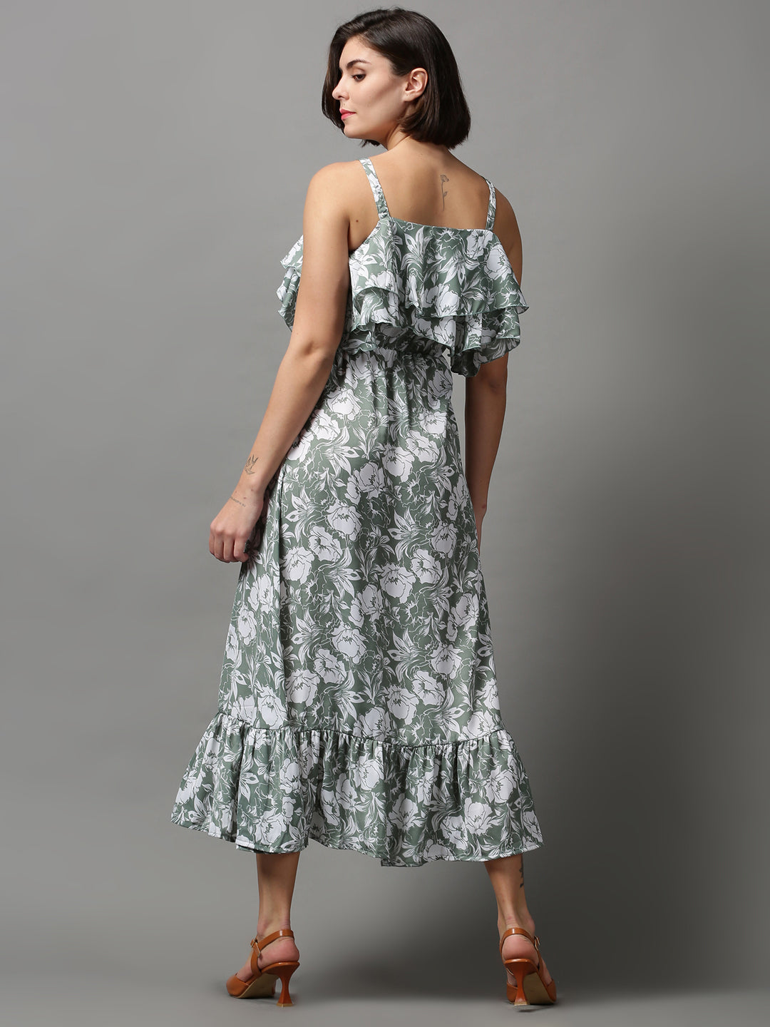 Women's Green Floral Shoulder Strap Crepe A-Line Midi Dress