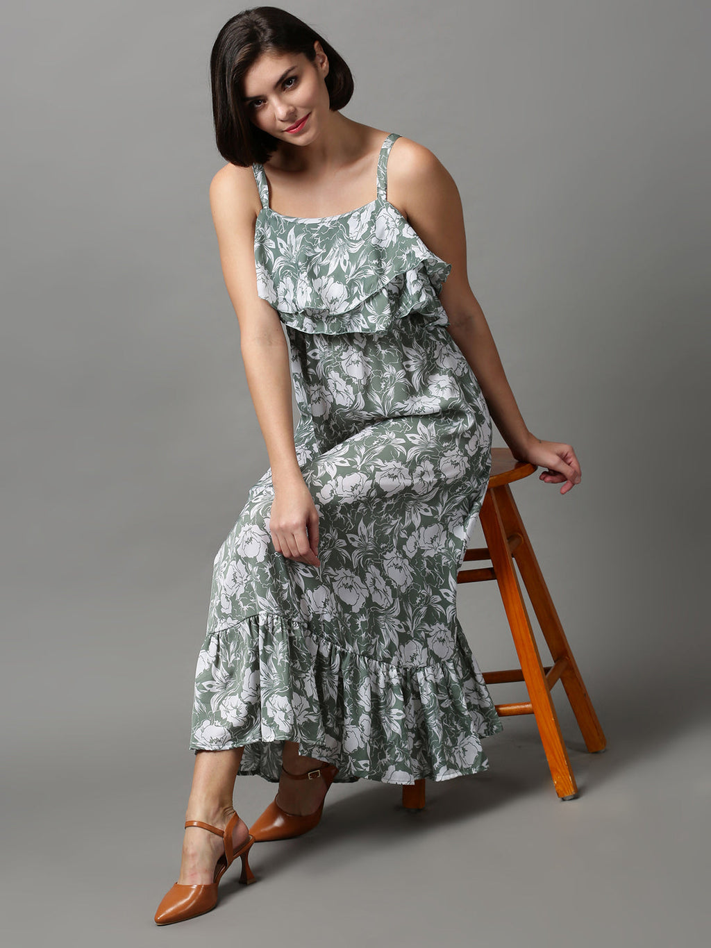 Women's Green Floral Shoulder Strap Crepe A-Line Midi Dress