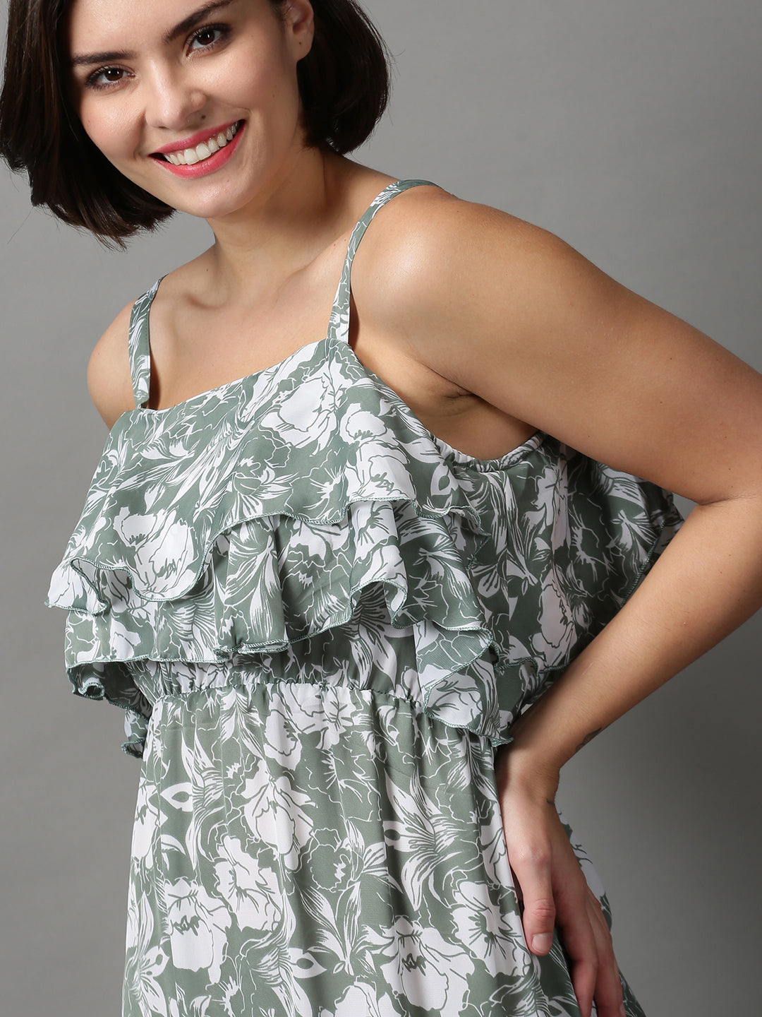 Women's Green Floral Shoulder Strap Crepe A-Line Midi Dress