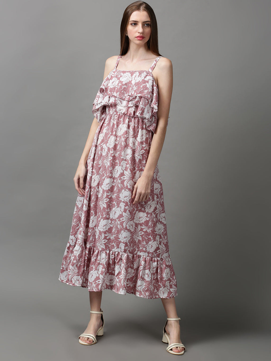Women's Mauve Shoulder Straps Floral Printed Crepe Maxi Dress