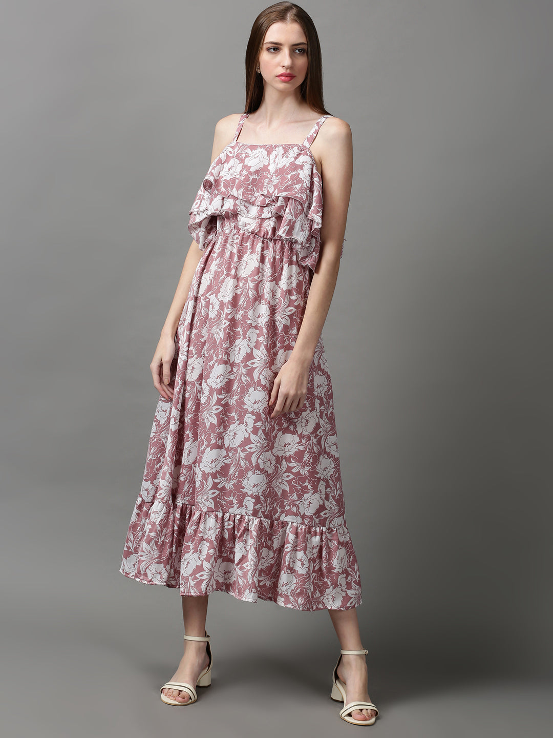 Women's Mauve Shoulder Straps Floral Printed Crepe Maxi Dress