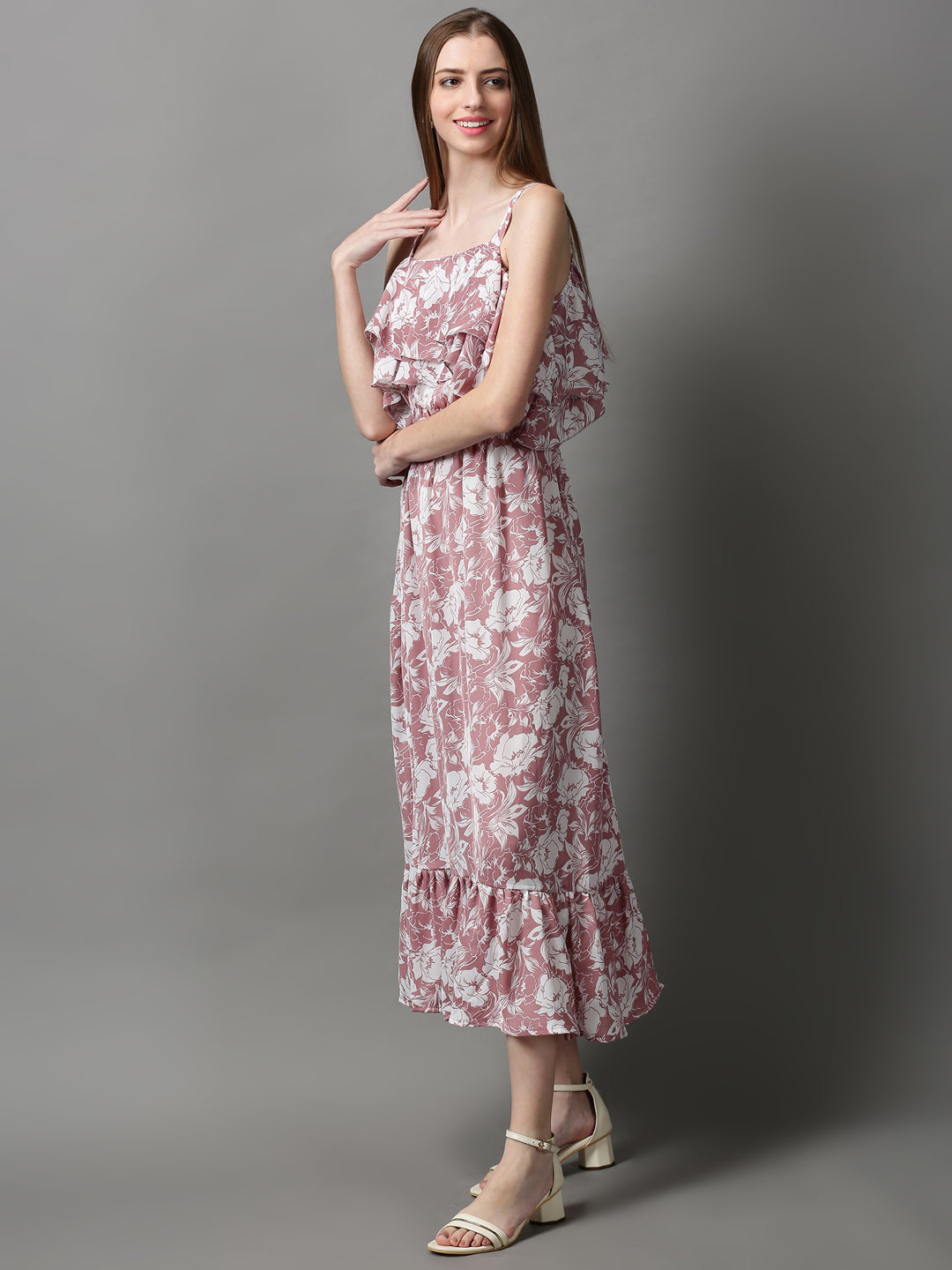 Women's Mauve Shoulder Straps Floral Printed Crepe Maxi Dress