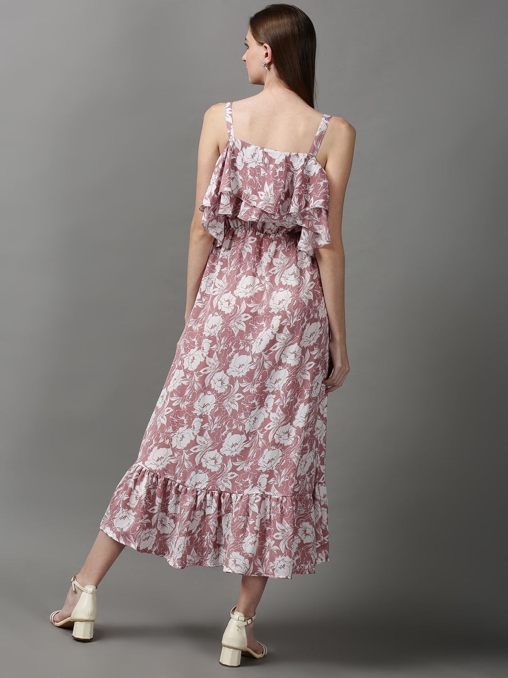 Women's Mauve Shoulder Straps Floral Printed Crepe Maxi Dress