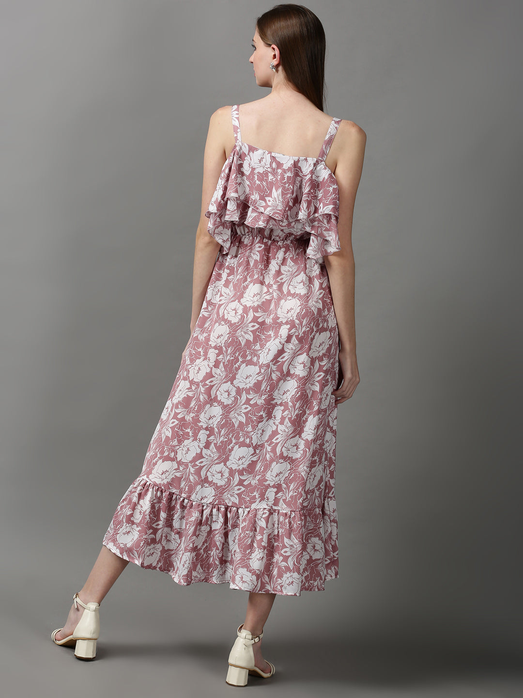 Women's Mauve Shoulder Straps Floral Printed Crepe Maxi Dress