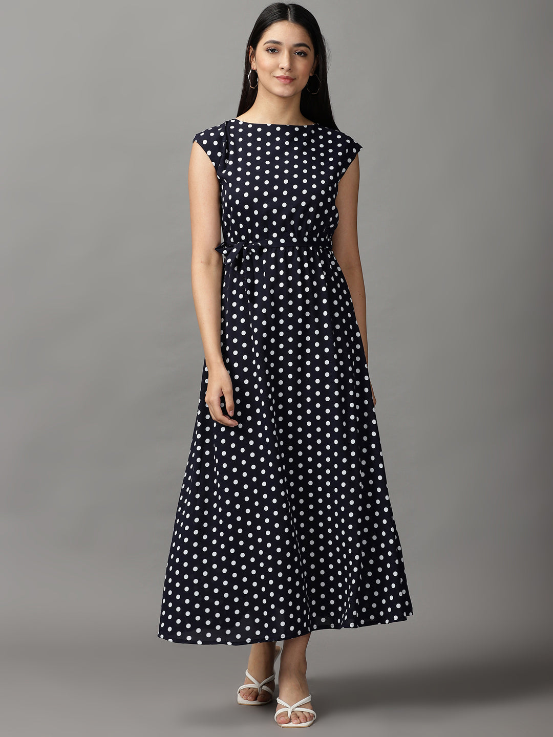 Women's Navy Blue Chiffon Midi Polka Dots Fit and Flare Dress