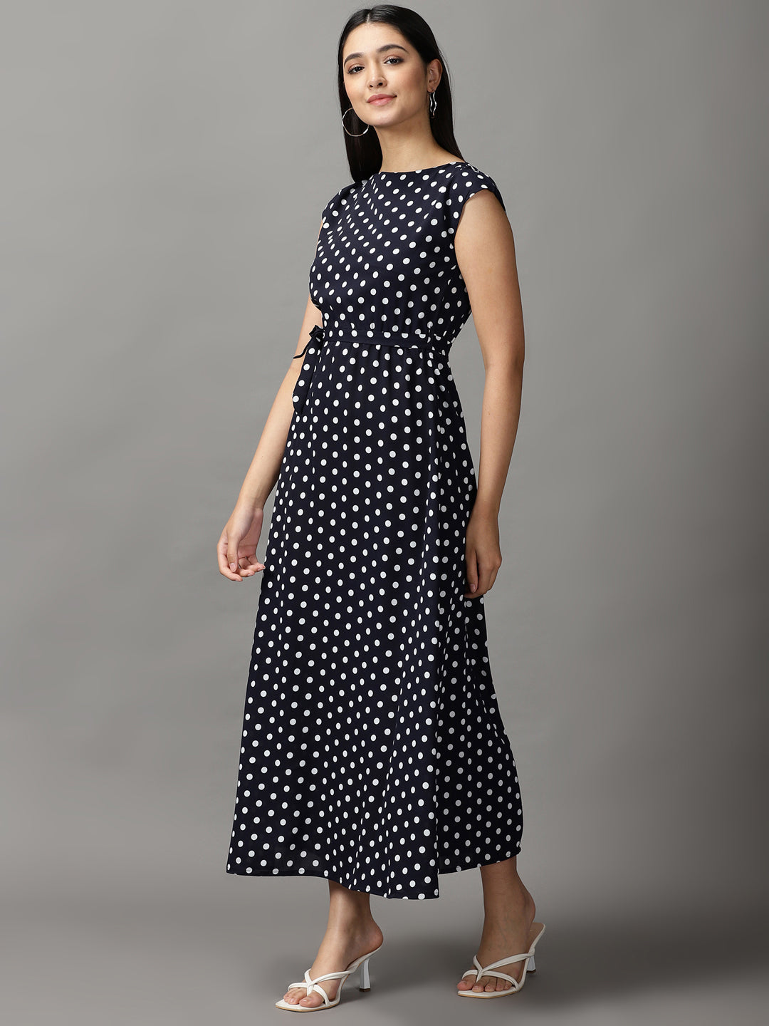 Women's Navy Blue Chiffon Midi Polka Dots Fit and Flare Dress