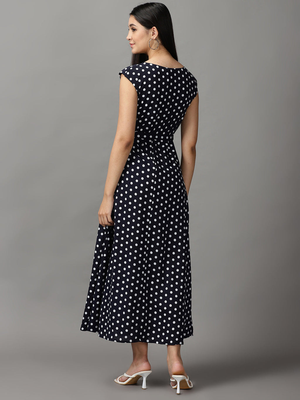 Women's Navy Blue Chiffon Midi Polka Dots Fit and Flare Dress