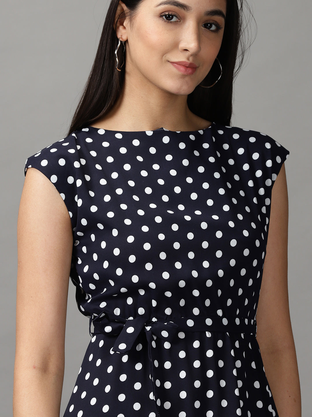 Women's Navy Blue Chiffon Midi Polka Dots Fit and Flare Dress