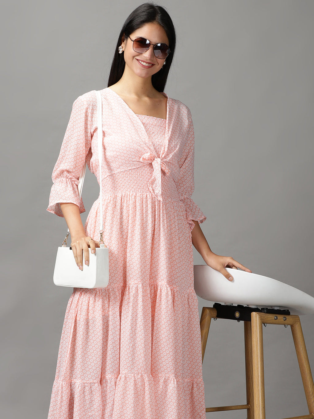 Women's Peach Layered Chiffon Fit and Flare Dress