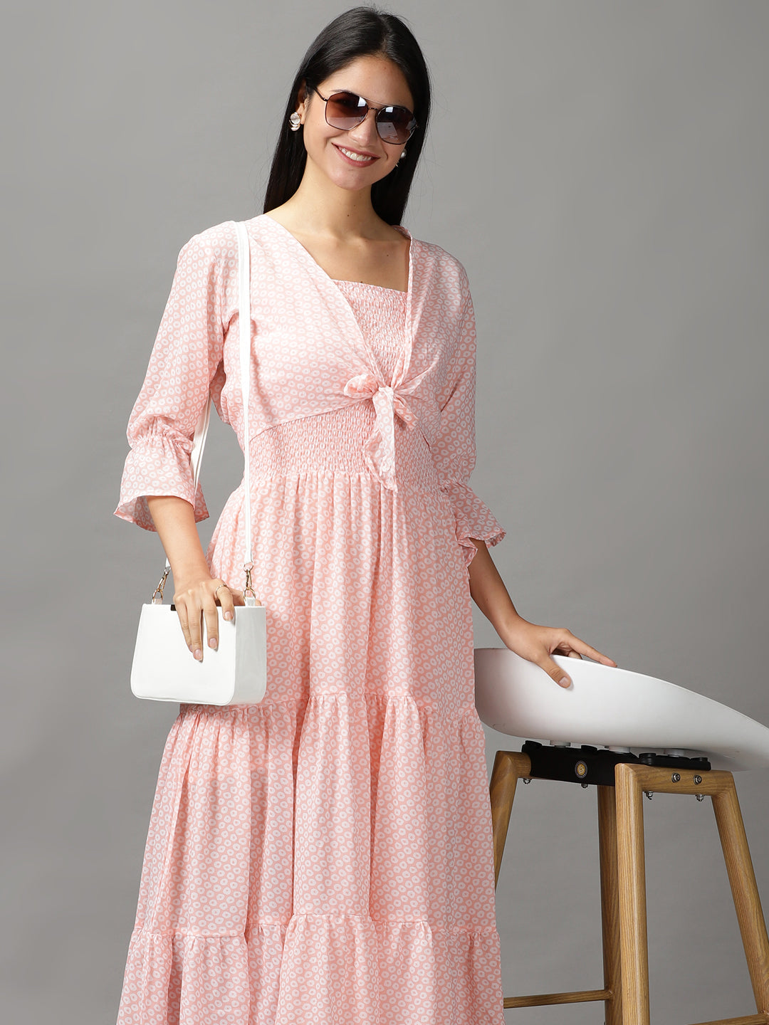 Women's Peach Layered Chiffon Fit and Flare Dress