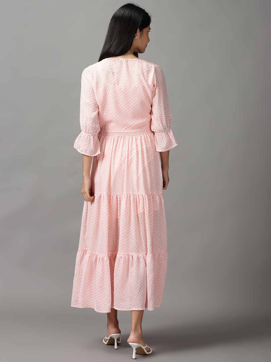 Women's Peach Layered Chiffon Fit and Flare Dress