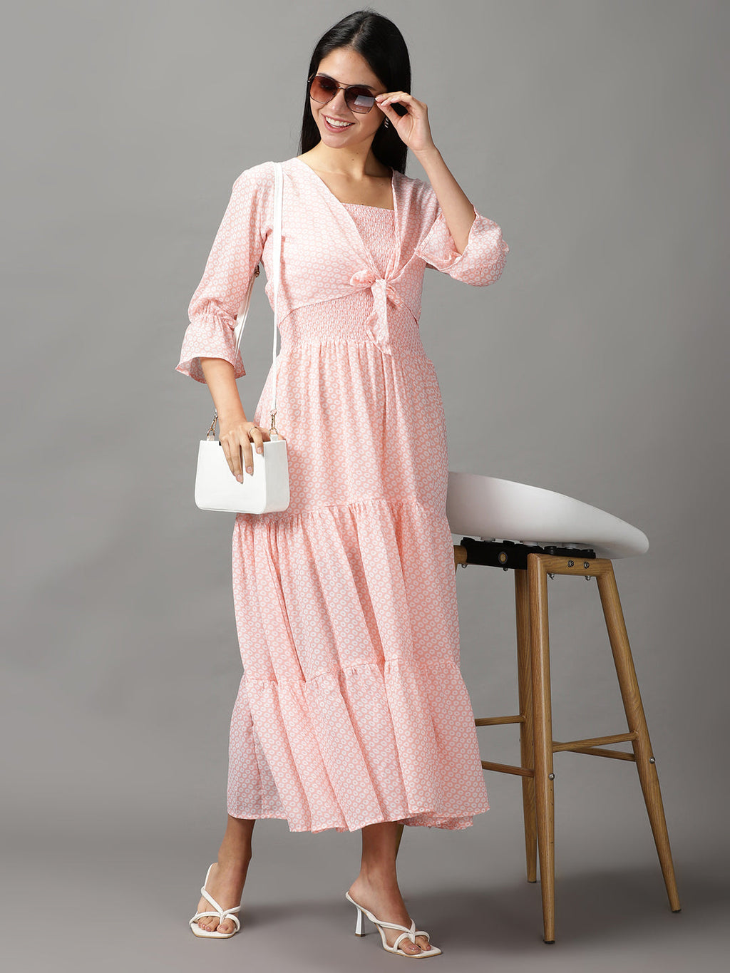 Women's Peach Layered Chiffon Fit and Flare Dress