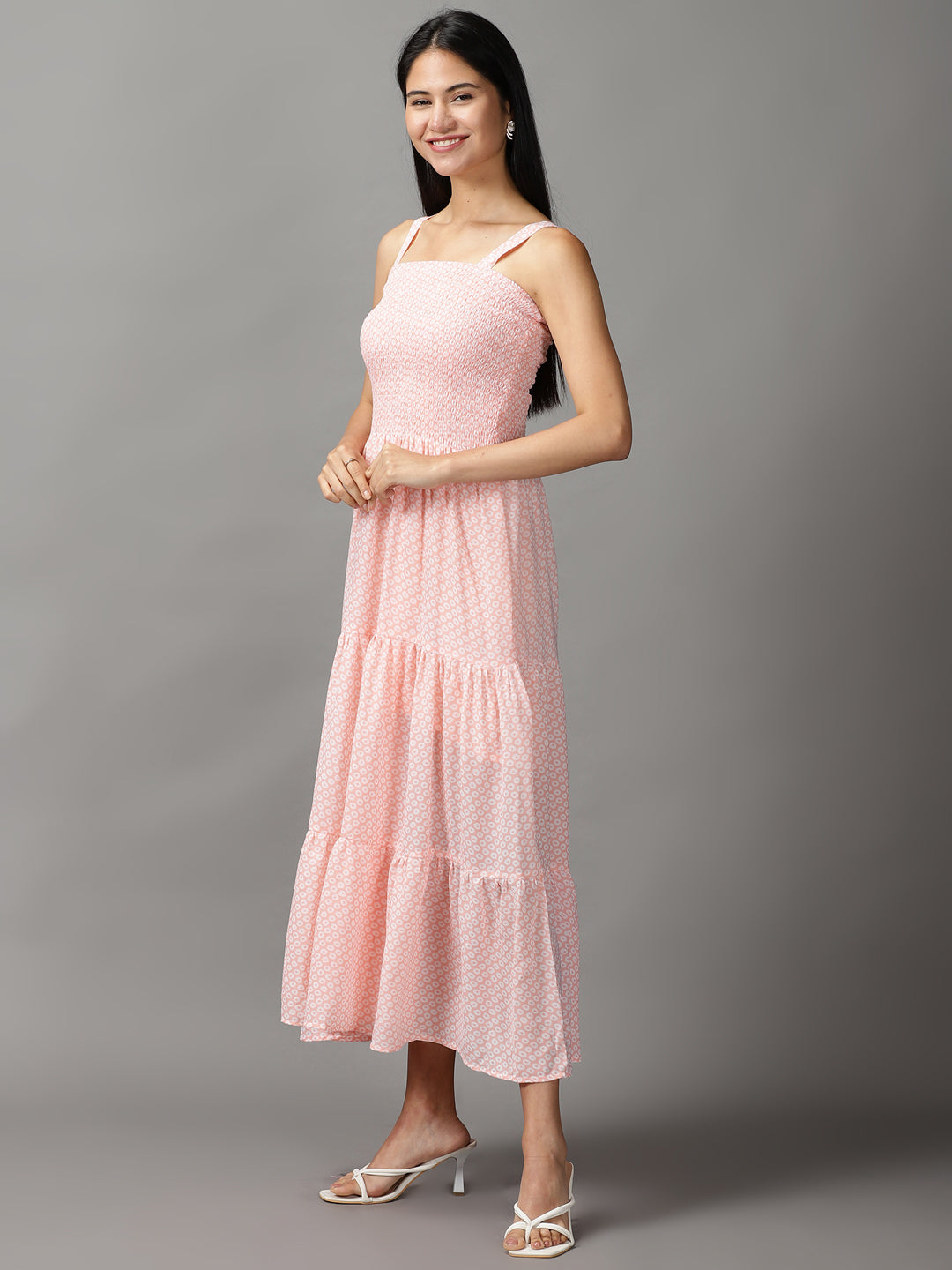 Women's Peach Layered Chiffon Fit and Flare Dress
