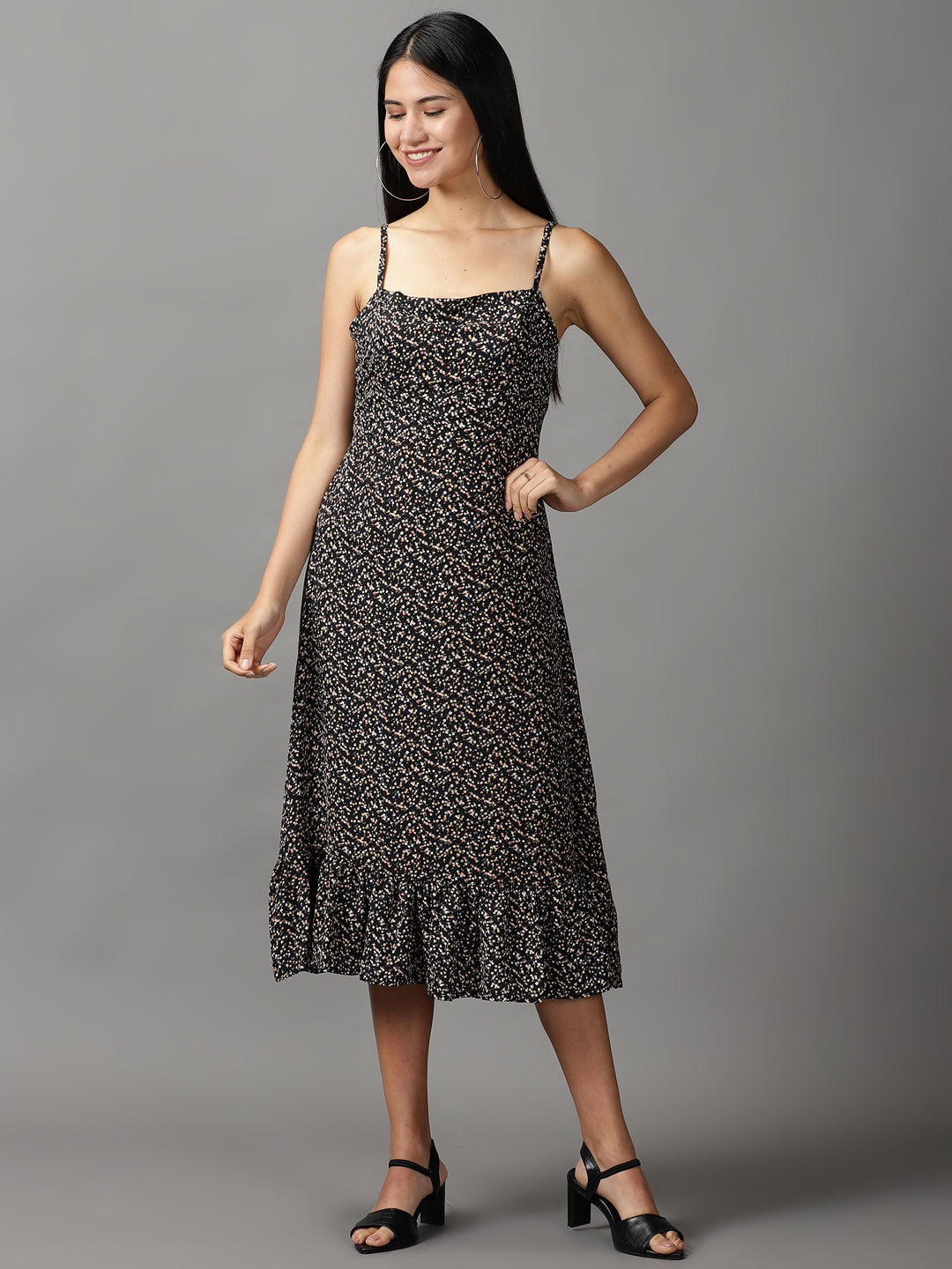 Women's Black Floral Fit & Flare Dress