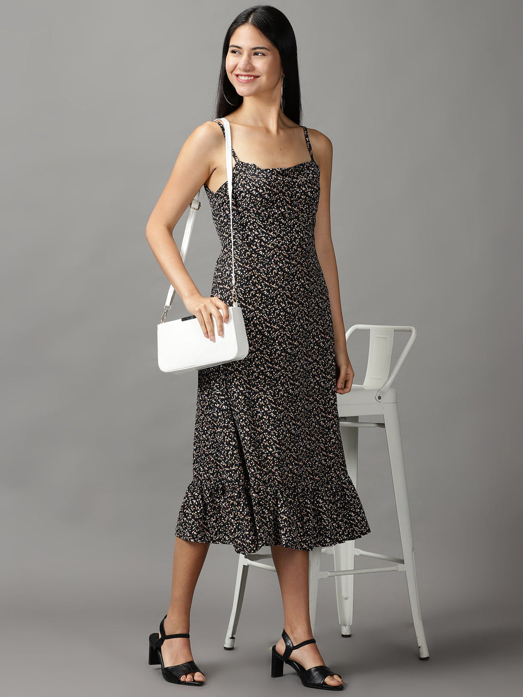 Women's Black Floral Fit & Flare Dress