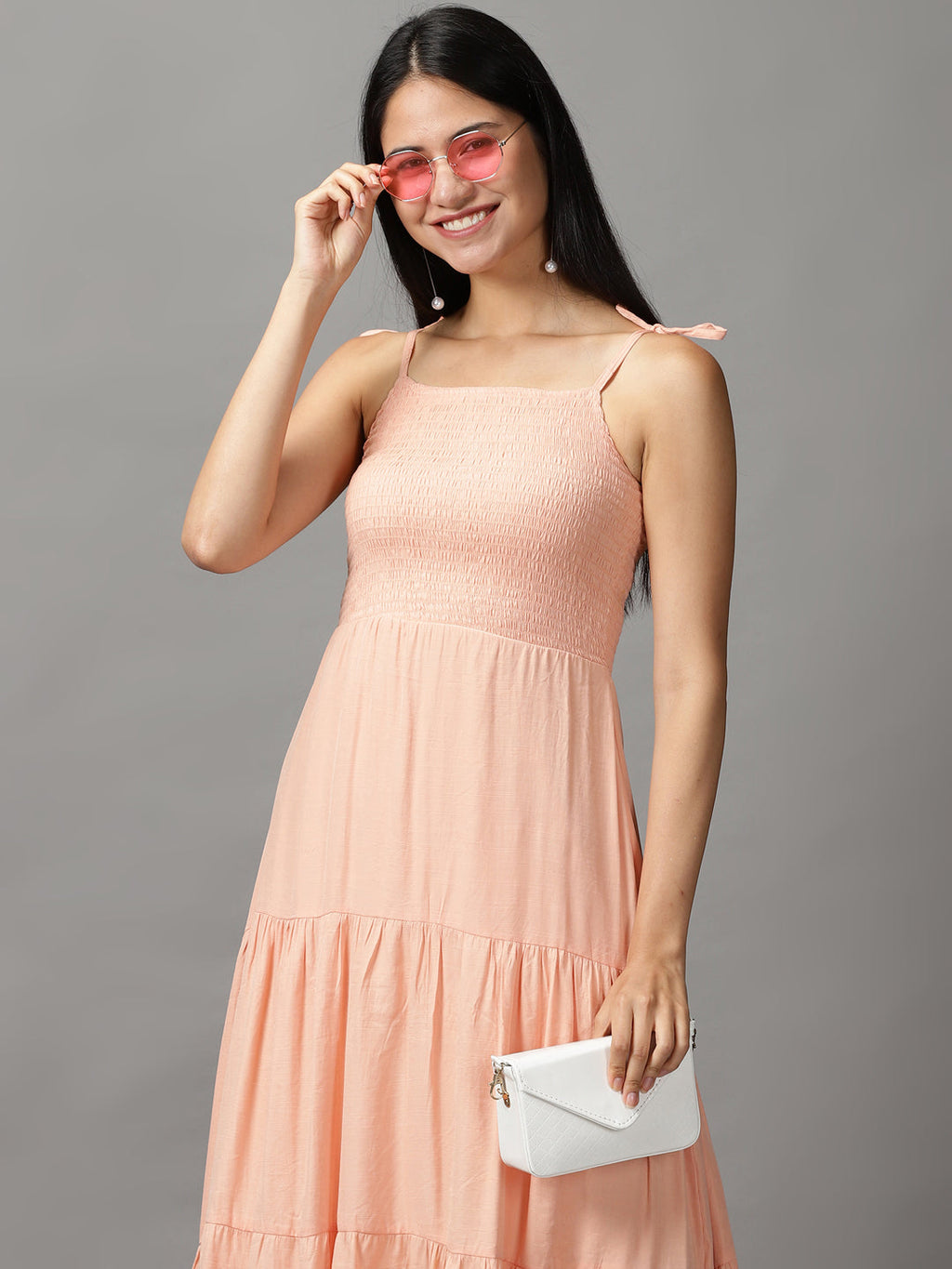 Women's Peach Crepe Fit & Flare Maxi Dress
