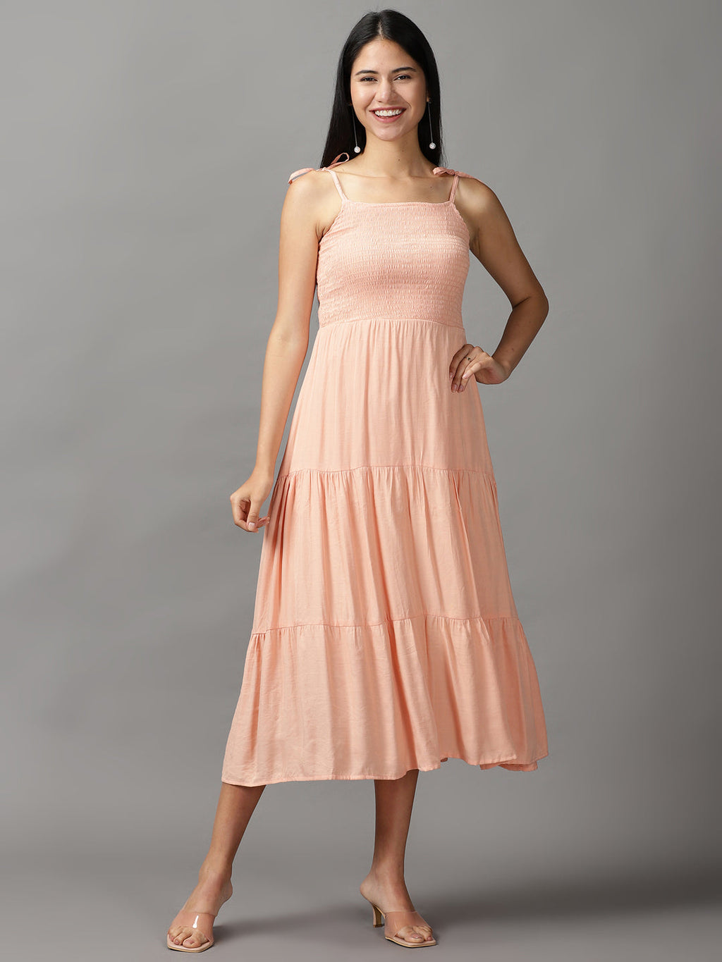 Women's Peach Crepe Fit & Flare Maxi Dress