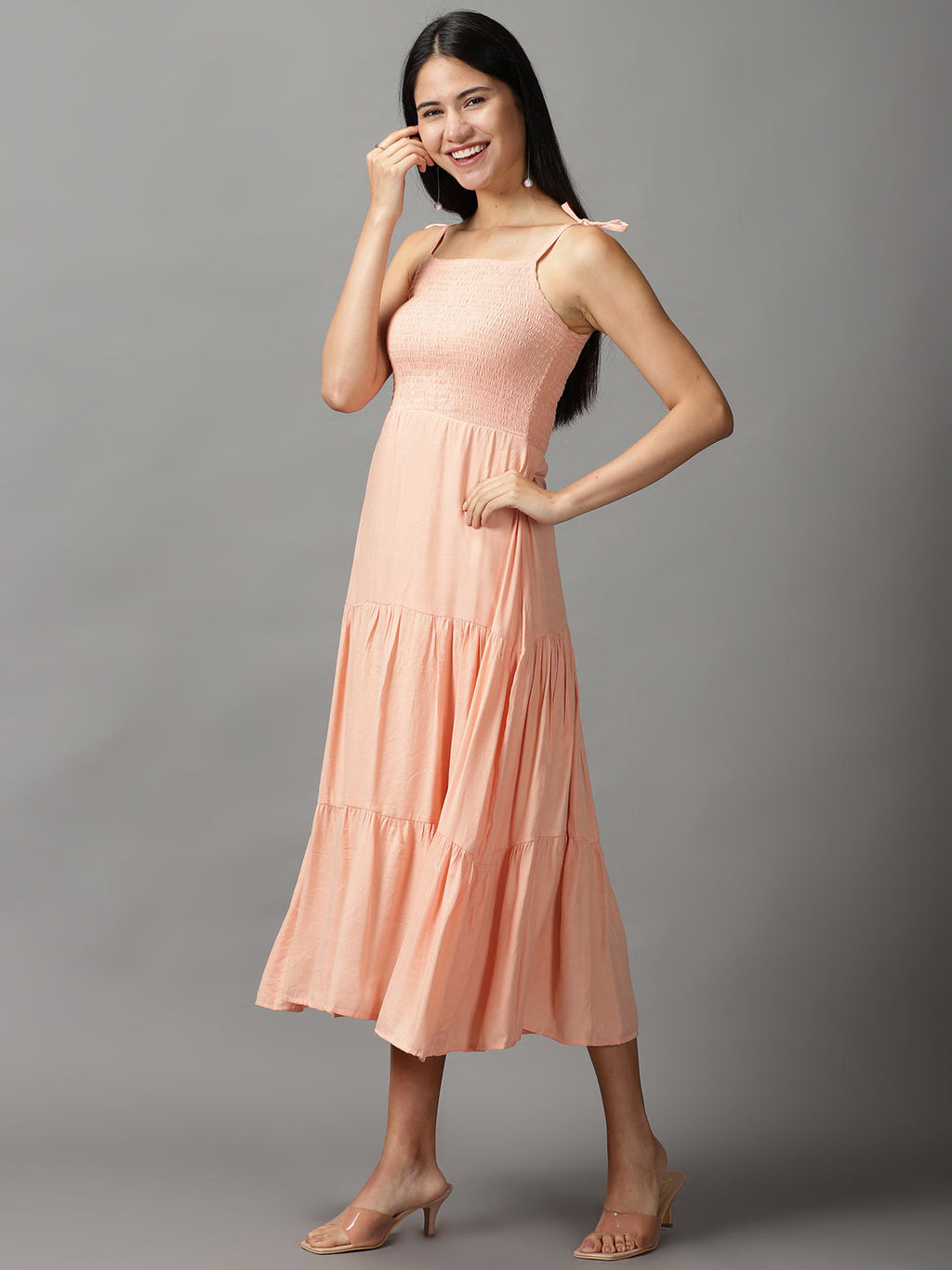 Women's Peach Crepe Fit & Flare Maxi Dress