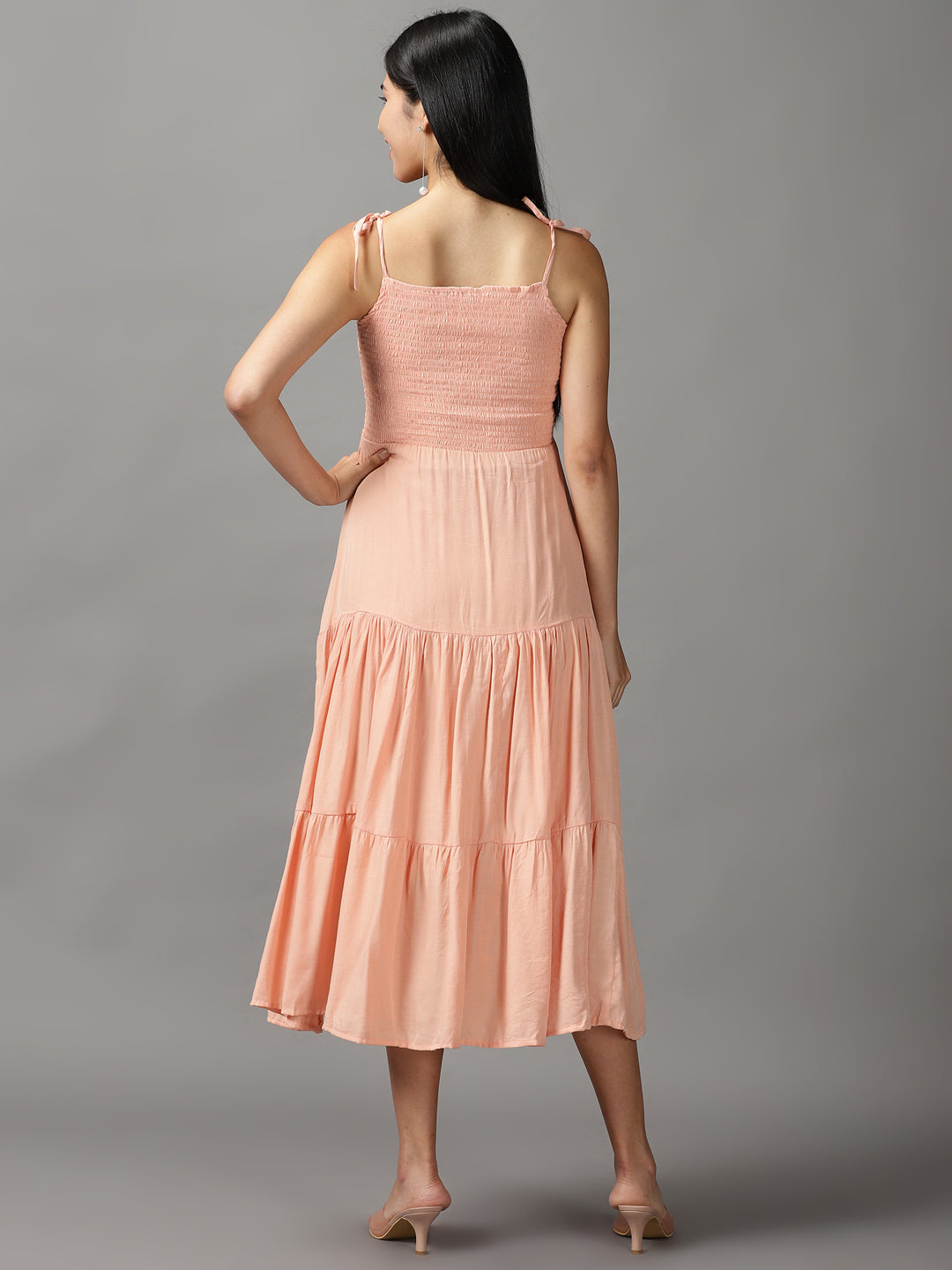 Women's Peach Crepe Fit & Flare Maxi Dress