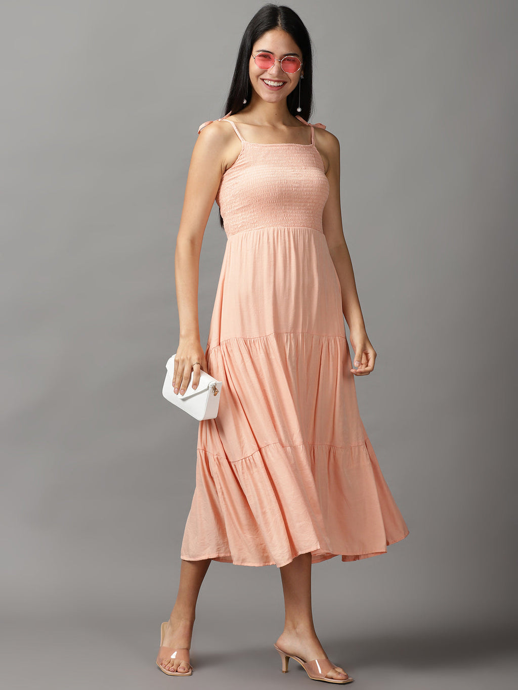 Women's Peach Crepe Fit & Flare Maxi Dress