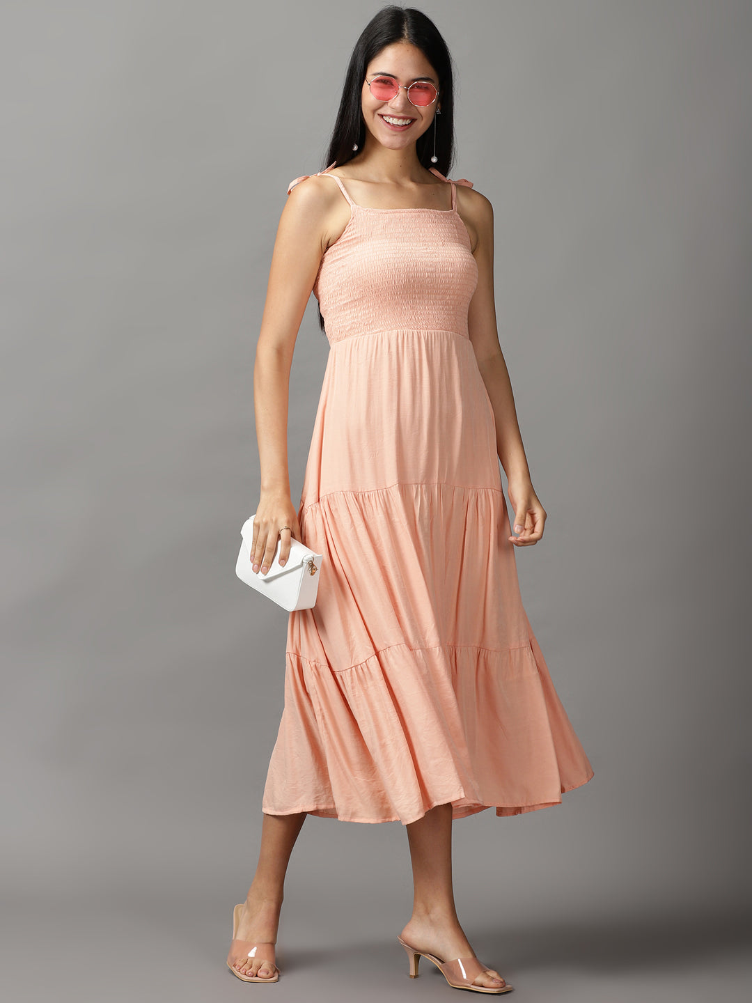 Women's Peach Crepe Fit & Flare Maxi Dress