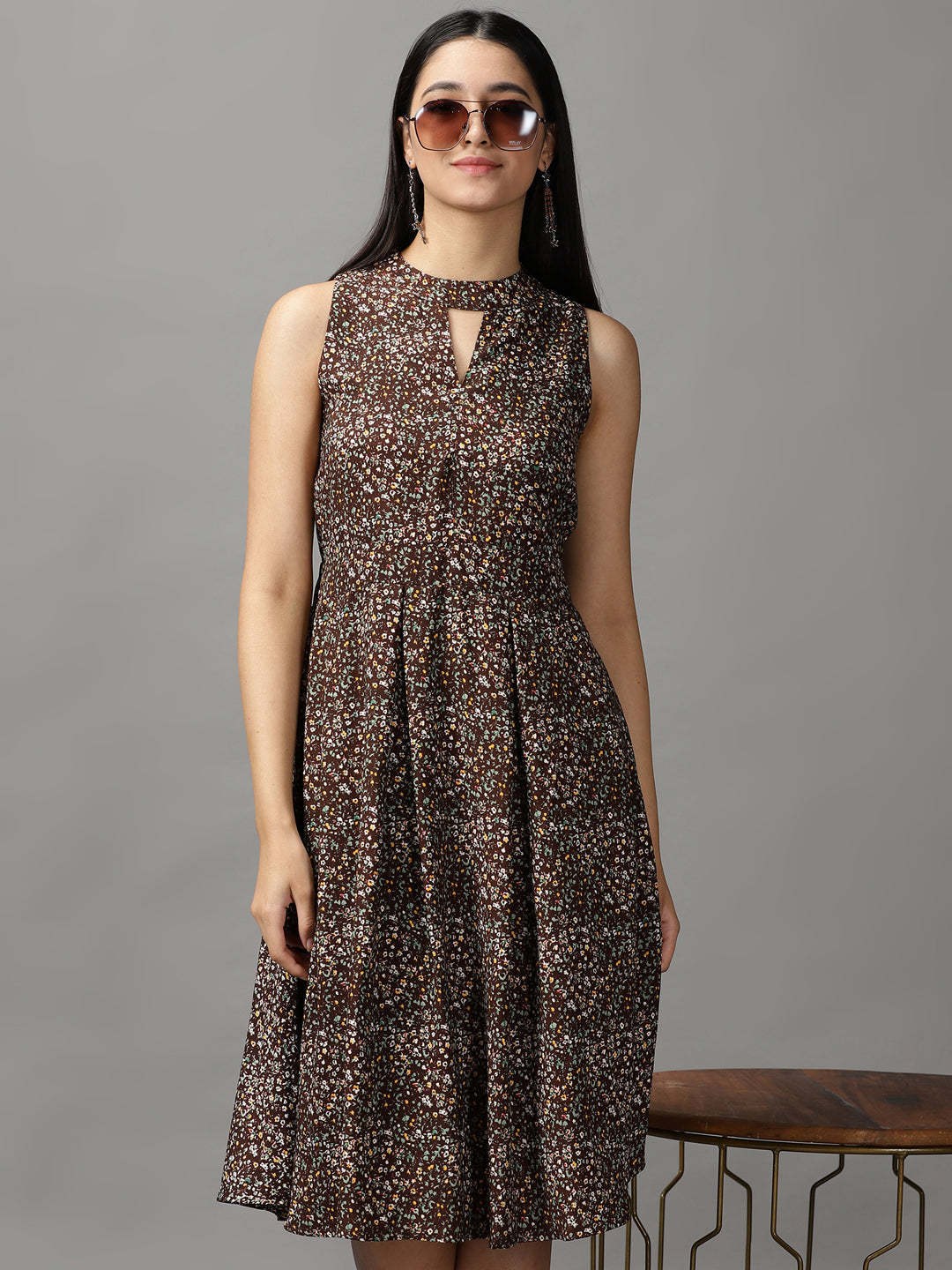 Women's Brown Floral Keyhole Neck Georgette Dress