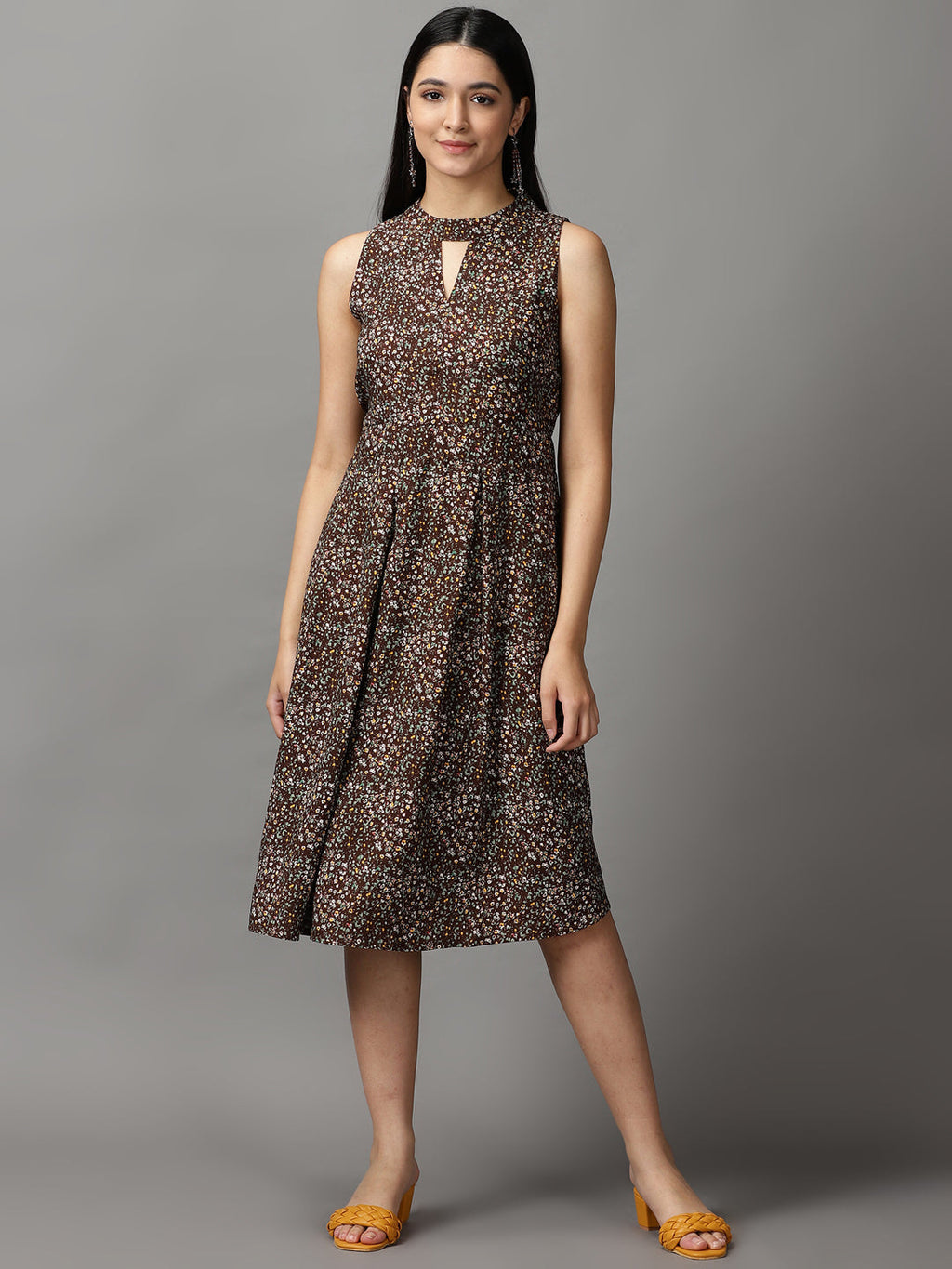 Women's Brown Floral Keyhole Neck Georgette Dress