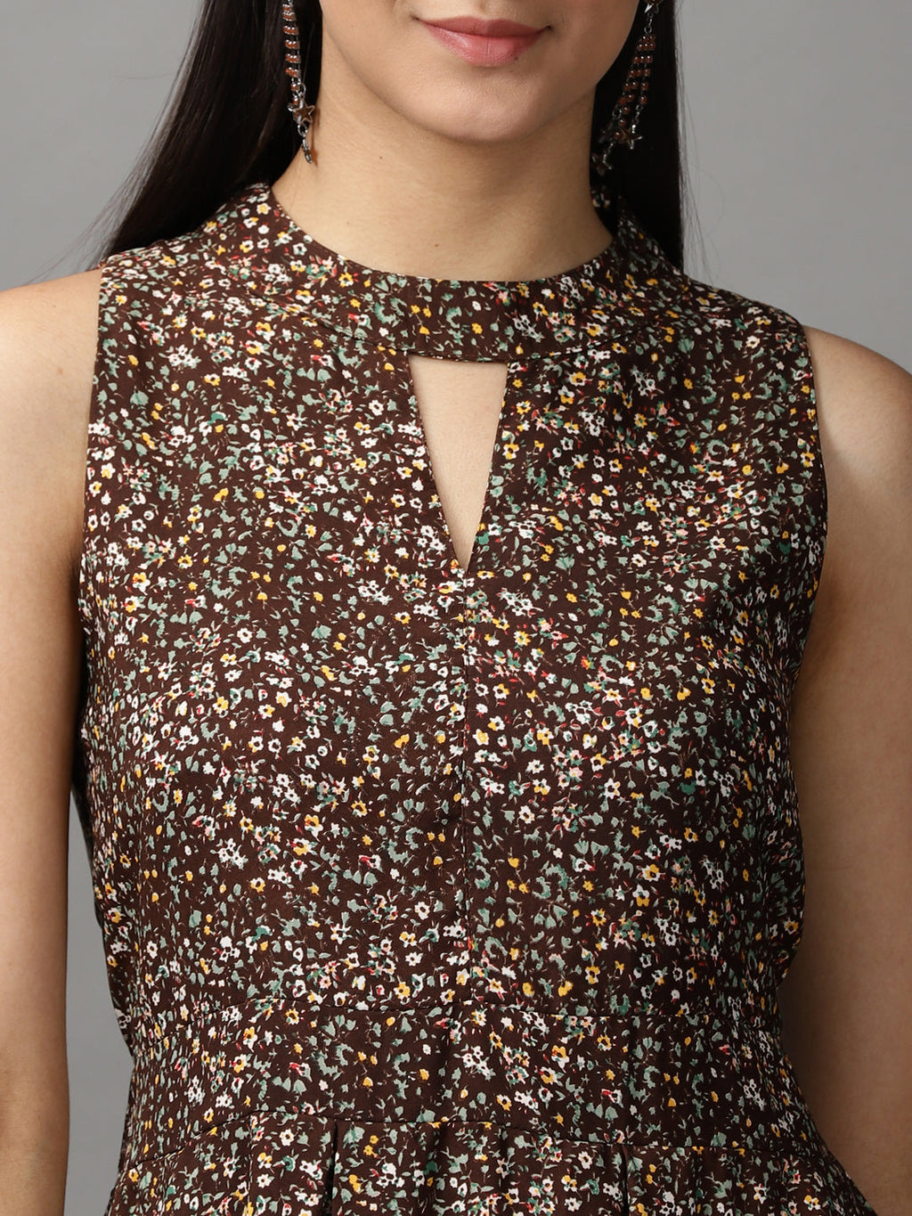 Women's Brown Floral Keyhole Neck Georgette Dress