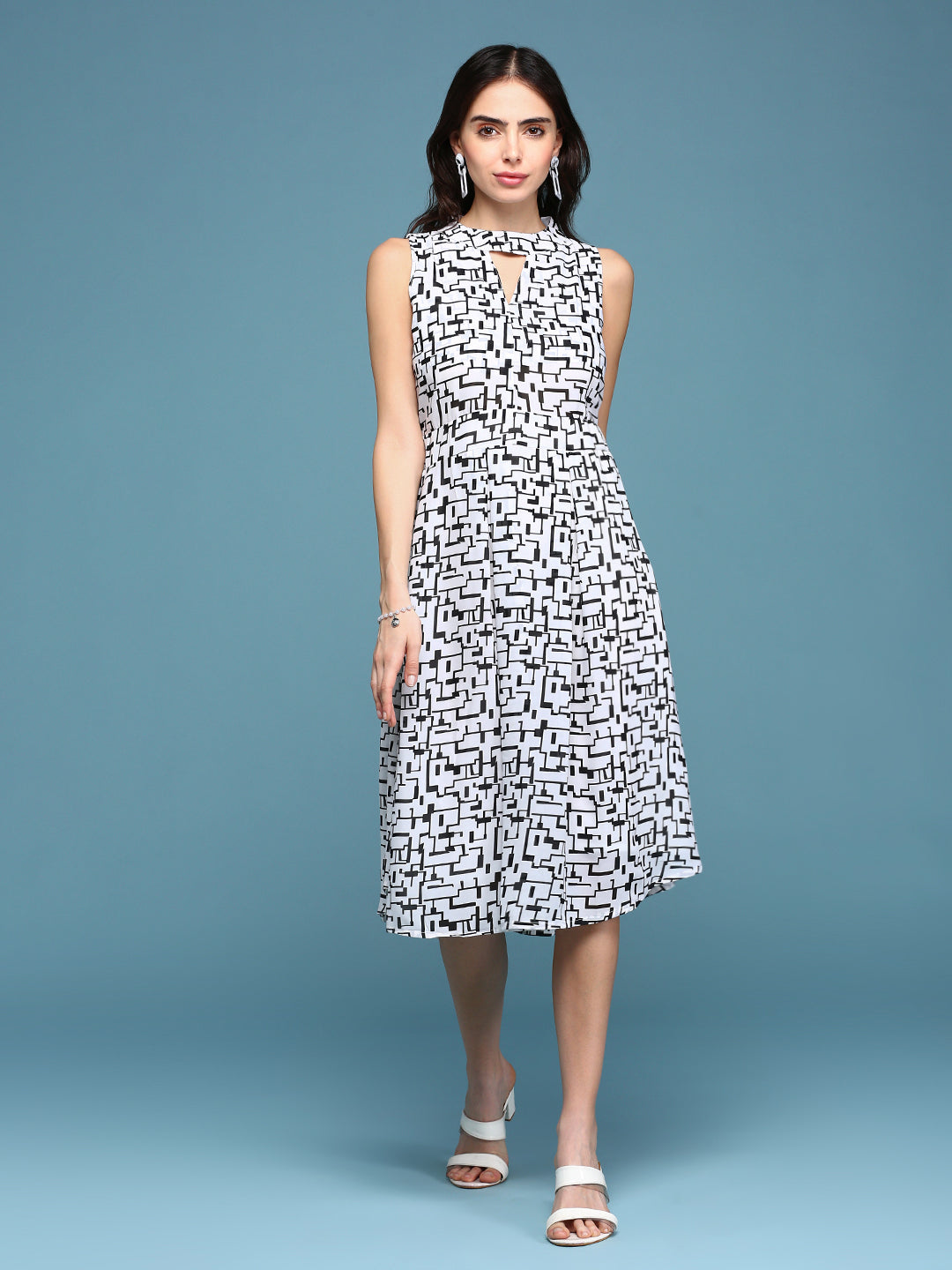 Women's White Keyhole Neck Geometrical Fit & Flare Dress