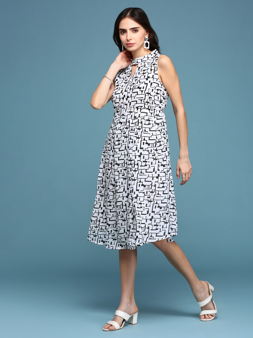 Women's White Keyhole Neck Geometrical Fit & Flare Dress
