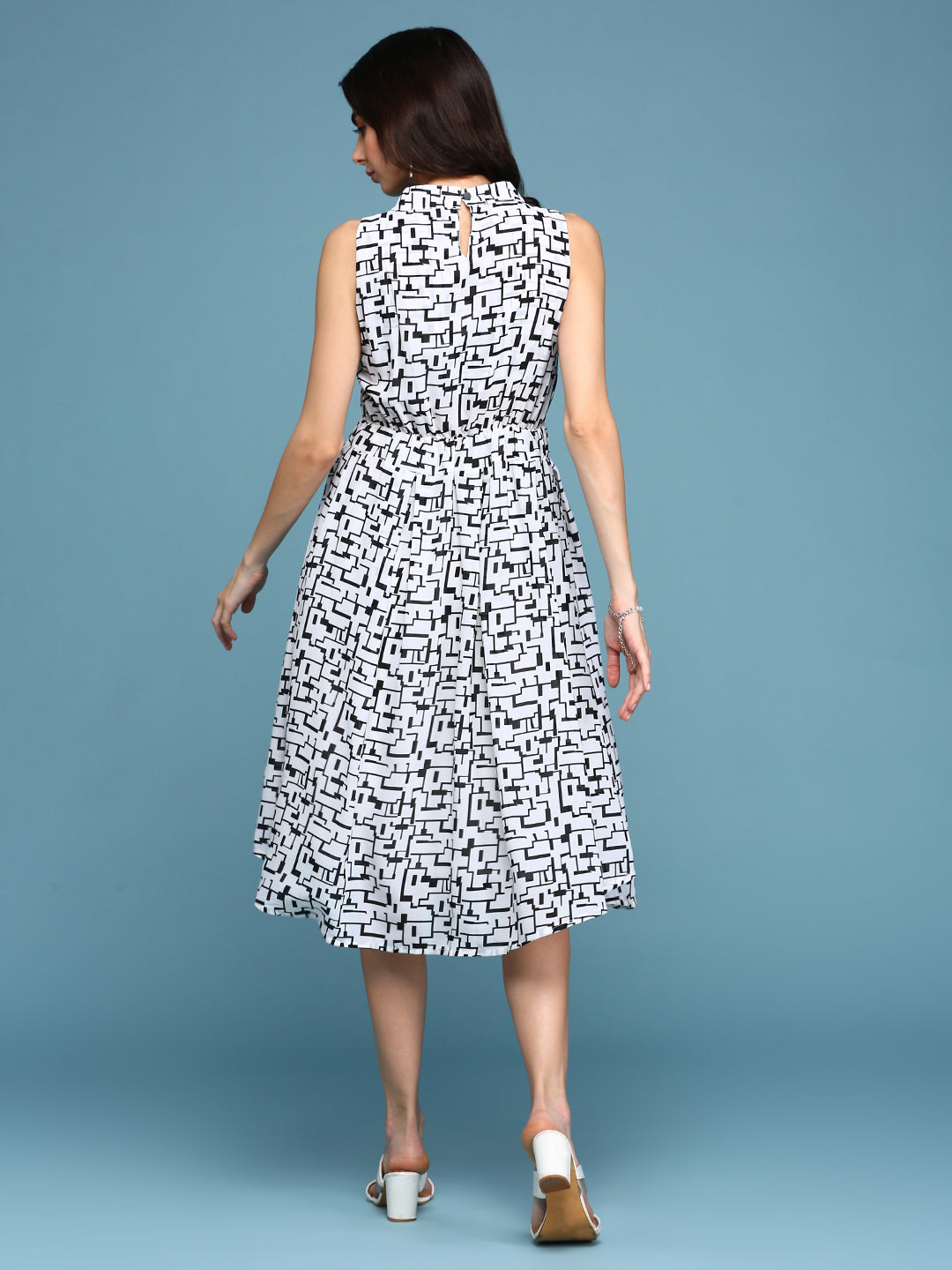 Women's White Keyhole Neck Geometrical Fit & Flare Dress