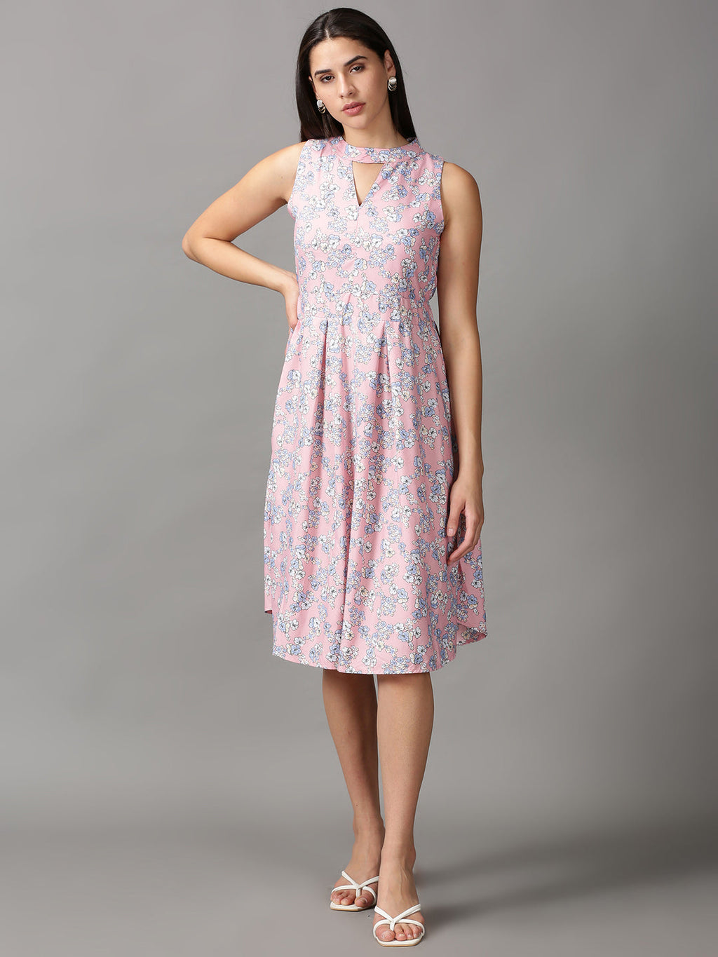 Women's Pink Floral Keyhole Neck A-Line Dress