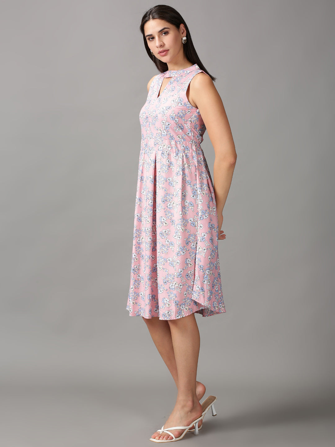 Women's Pink Floral Keyhole Neck A-Line Dress