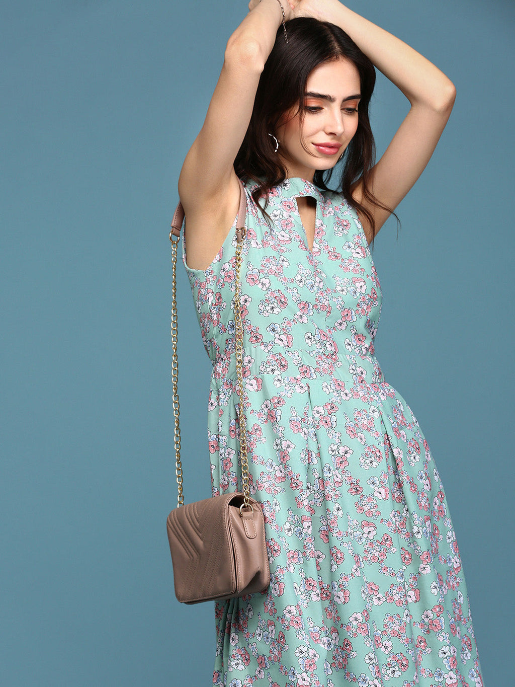 Women's Sea Green Floral Keyhole Neck A-Line Dress