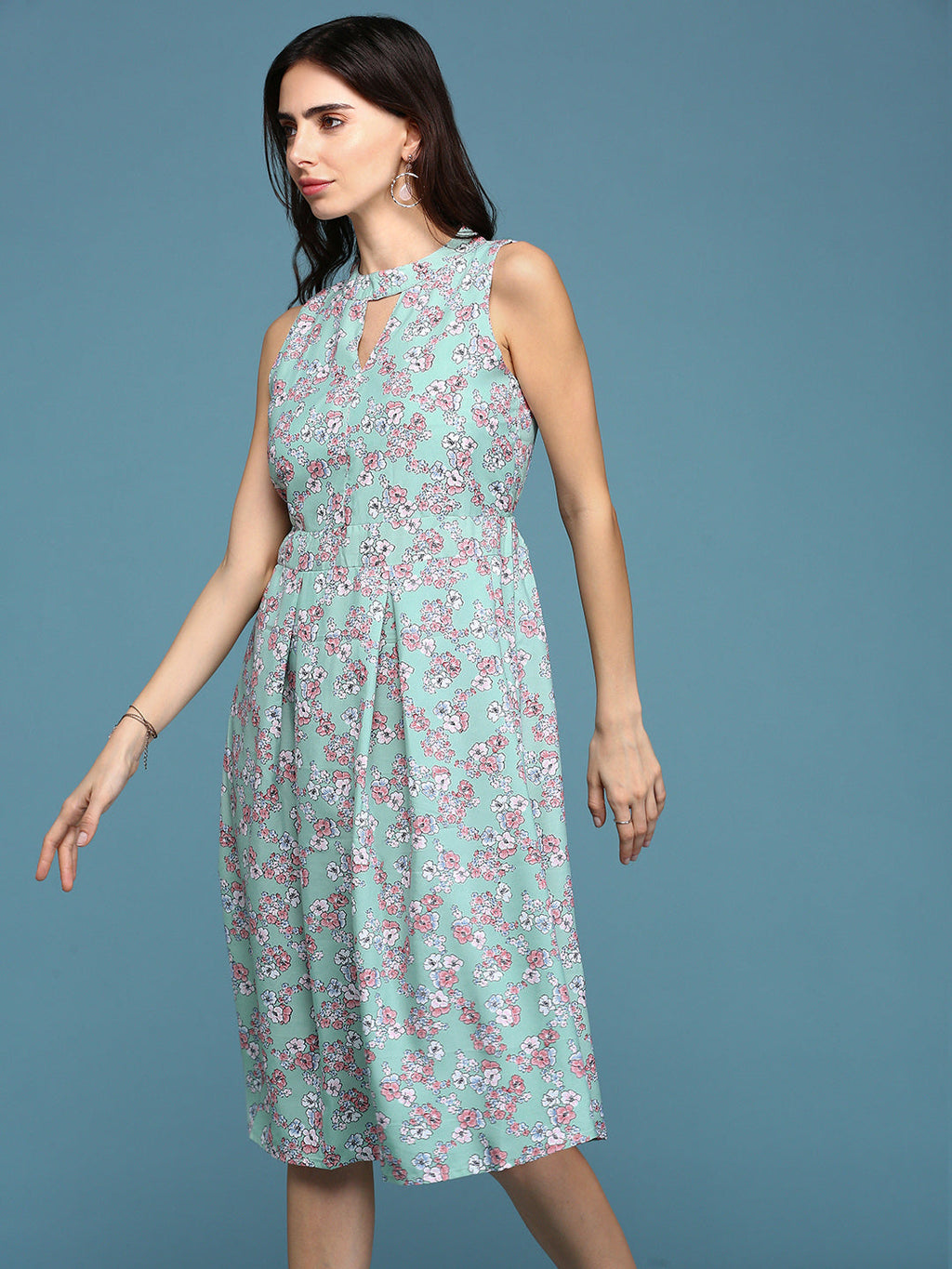 Women's Sea Green Floral Keyhole Neck A-Line Dress