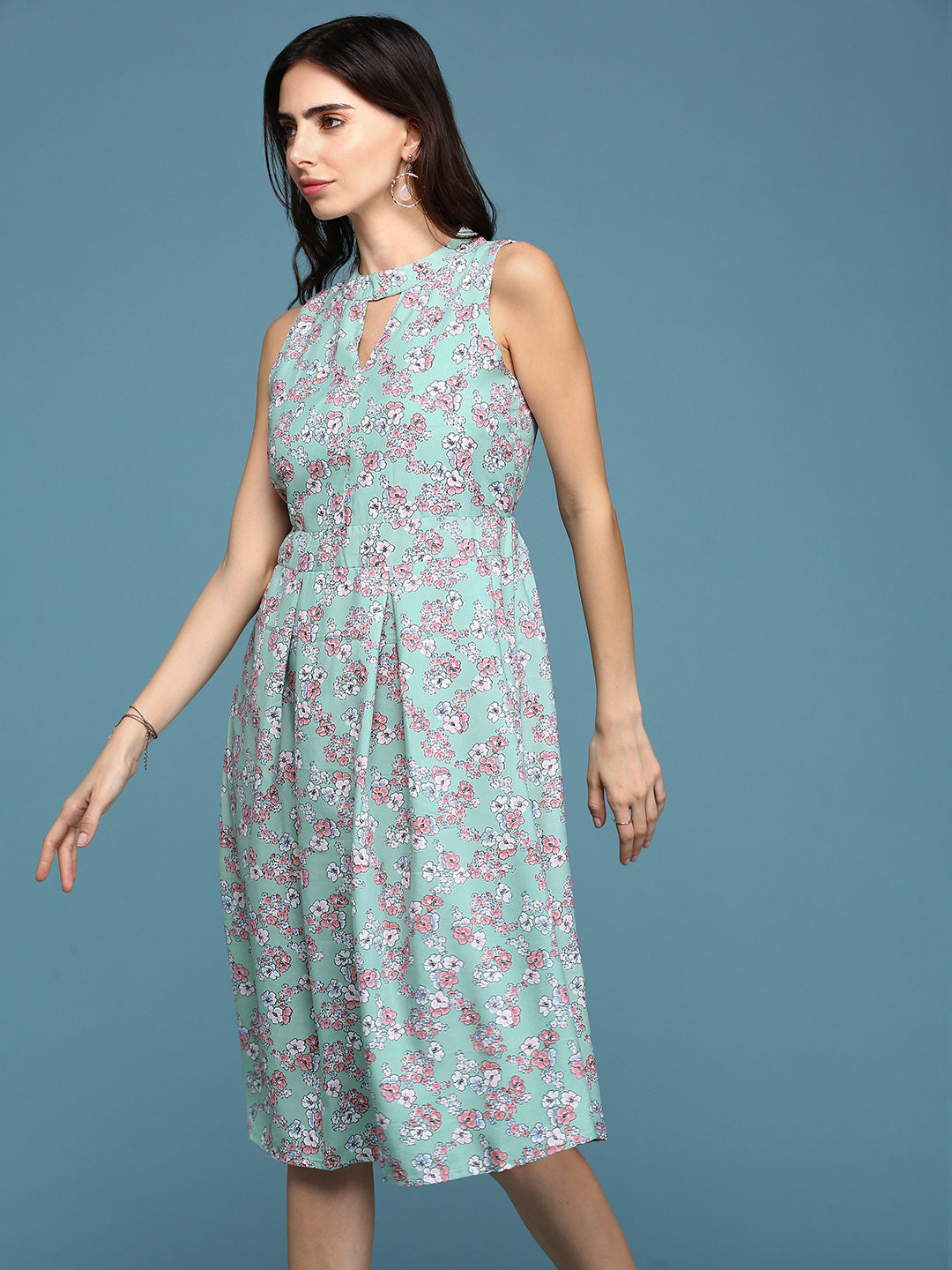Women's Sea Green Floral Keyhole Neck A-Line Dress