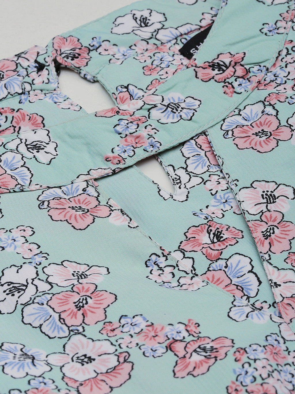 Women's Sea Green Floral Keyhole Neck A-Line Dress