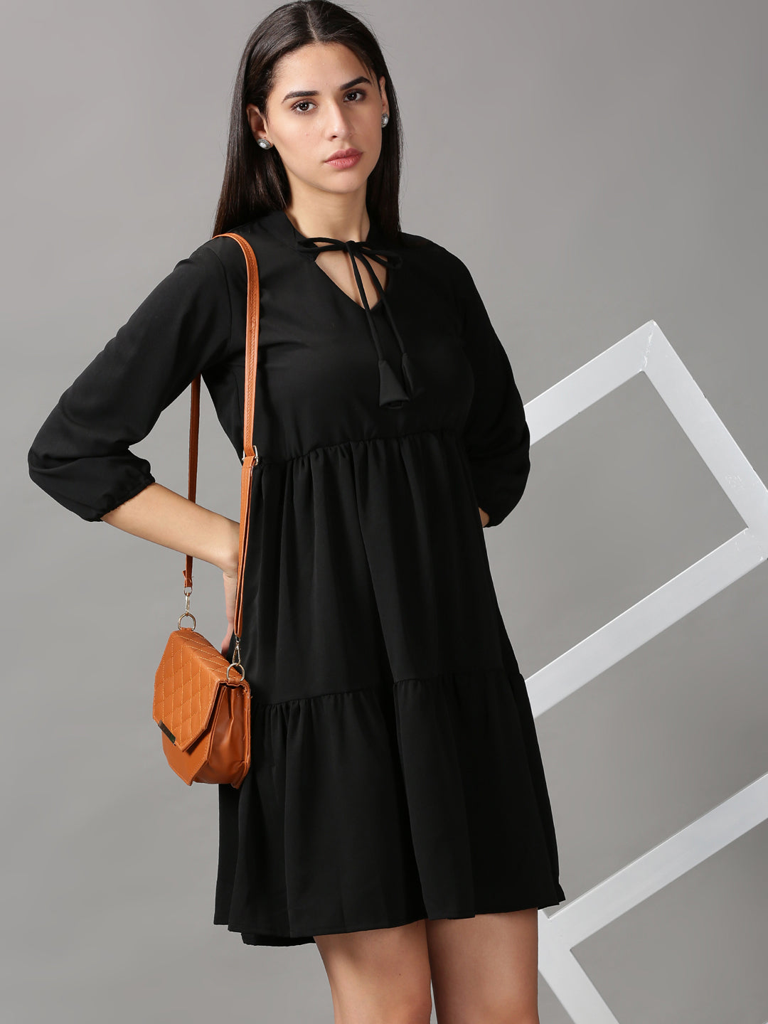 Women's Black Tie-Up Neck Cotton Fit & Flare Dress