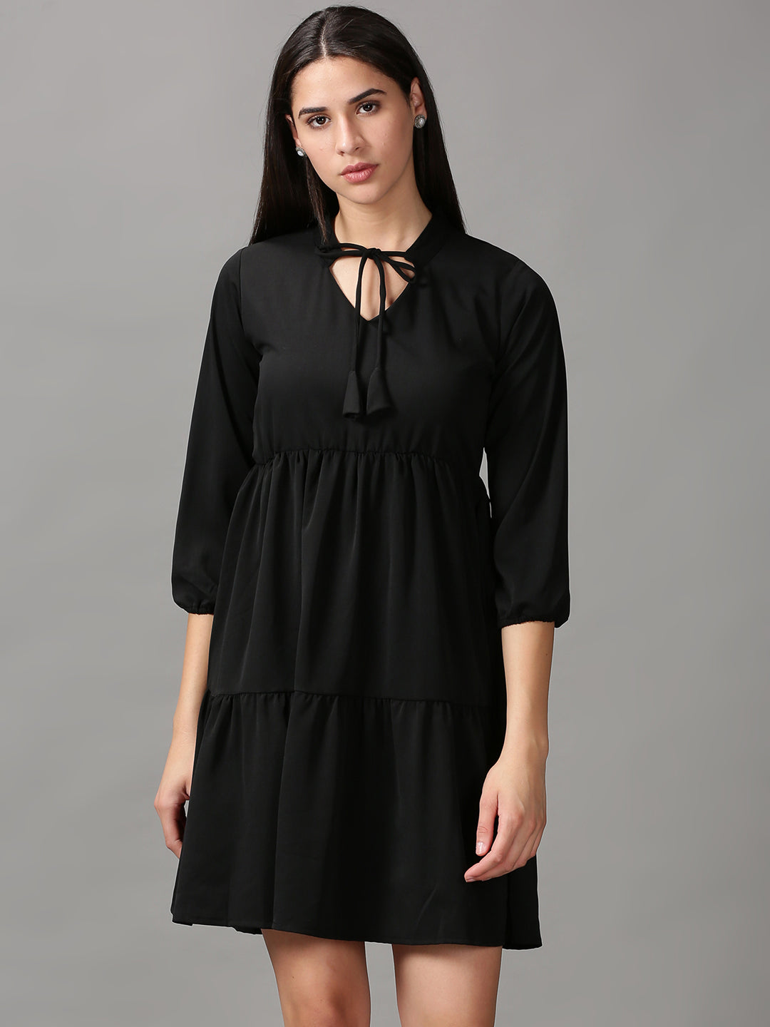 Women's Black Tie-Up Neck Cotton Fit & Flare Dress